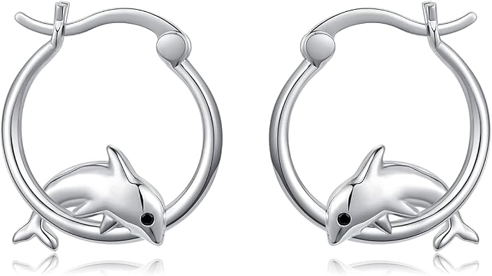 Dolphin Hoop Earrings for Women, Sterling Silver