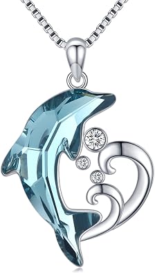 Sterling Silver Dolphin Pendant Necklace with Blue Crystal
