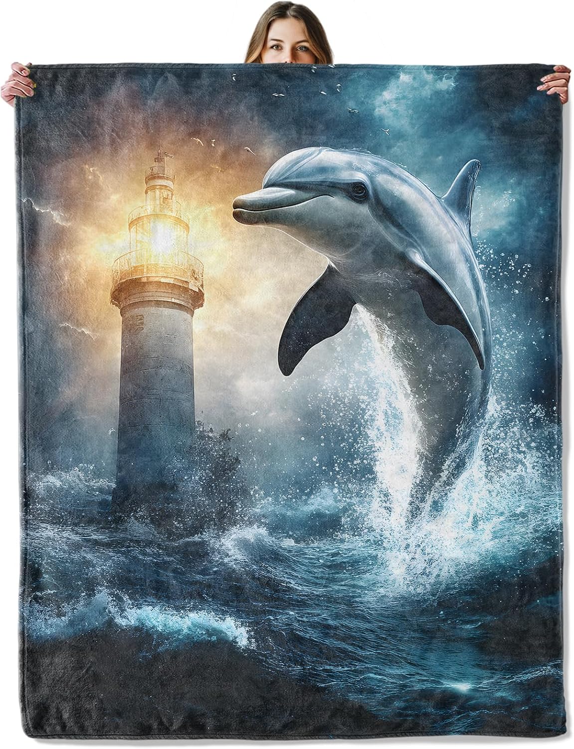 Dolphin Lighthouse Ocean Throw Blanket